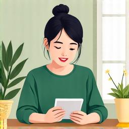 笑顔で家計簿を見る女性のイラスト、光熱費が削減されたことを示唆