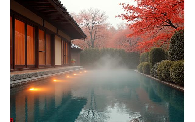 温泉旅館のエントランスと露天風呂