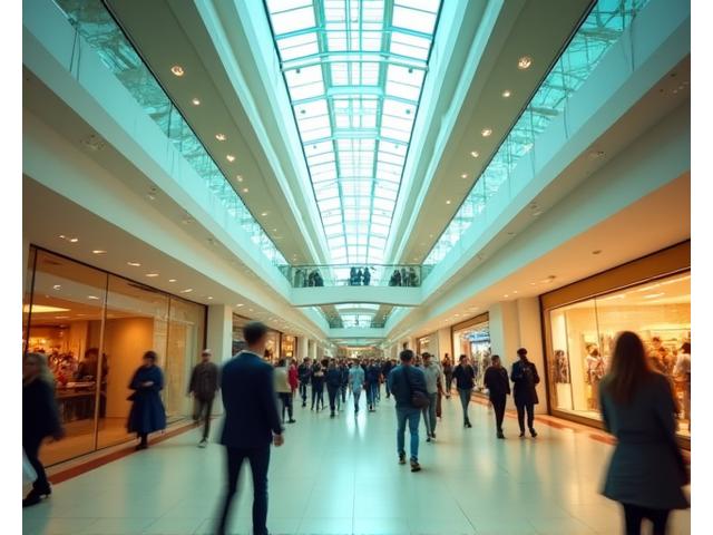 賑やかな商業施設の内部、見えない場所に地熱ヒートポンプシステムが稼働しているイメージ