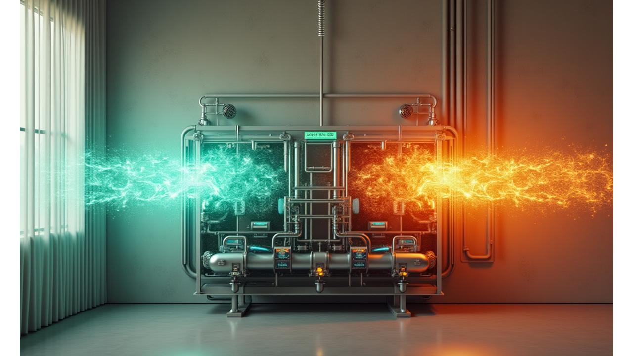 地熱ヒートポンプの仕組みを示す技術図とクリーンなエネルギー効率を示すグラフ