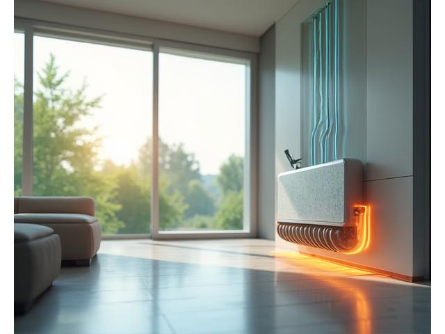 現代的な住宅の外観と地熱ヒートポンプの統合システムが透けて見えるようなイラスト