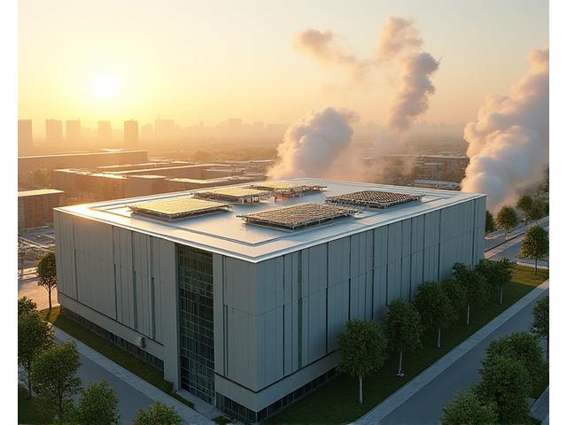 地熱発電と屋上太陽光パネル、蓄電池を備えた先進的な大型商業施設の外観