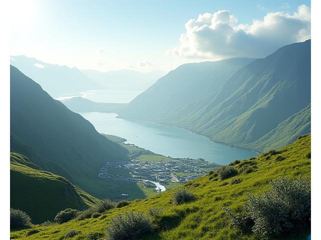 美しい自然の中に溶け込む、小規模地熱、風力タービン、太陽光パネル、蓄電池がある離島の集落