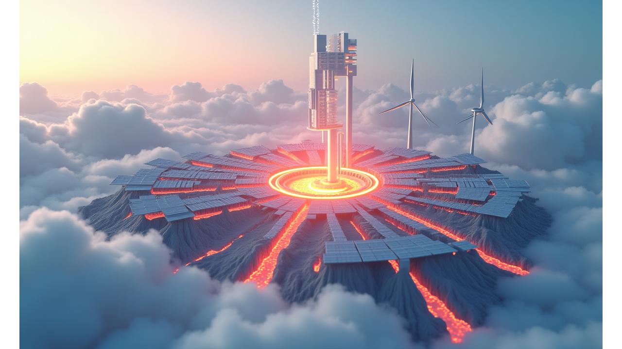 地熱、太陽光、風力、蓄電池が統合されたハイブリッドエネルギーシステムを示す動的インフォグラフィック