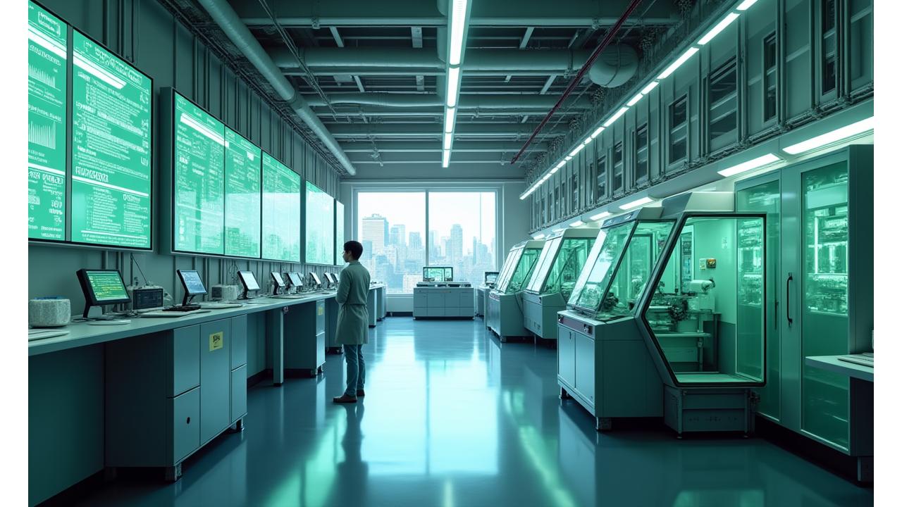 東京都心近くのクリーンな工場内部、最新設備が稼働し、エネルギー管理システムがモニターに表示されている