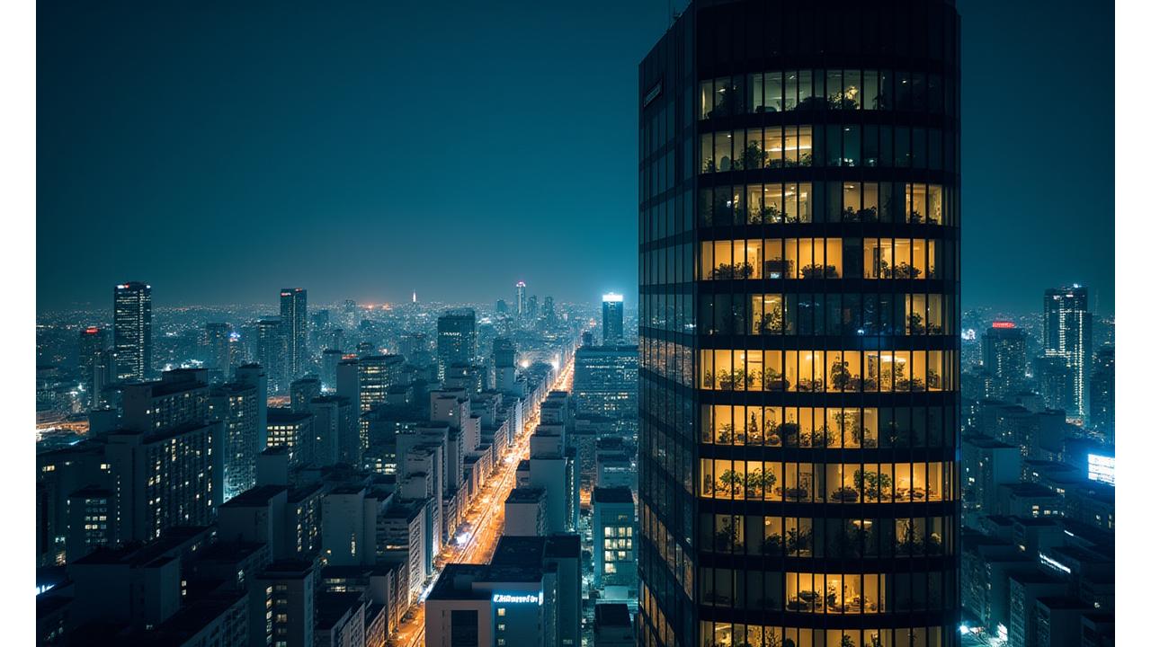 新宿のモダンなオフィスビルの夜景、照明が輝き、エネルギー効率の高さを感じさせる