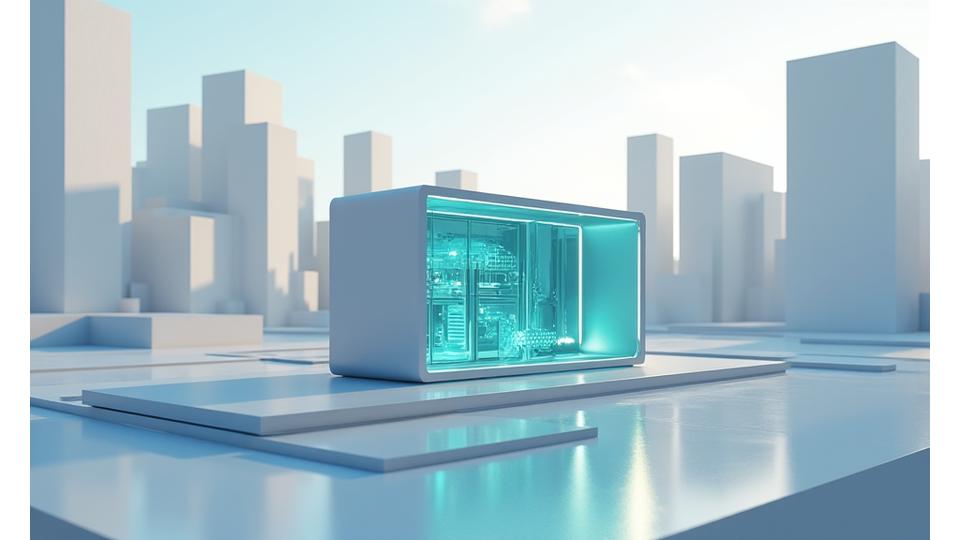 次世代型地熱発電所のモックアップ、小型で都市部に設置可能なモジュール型のデザイン