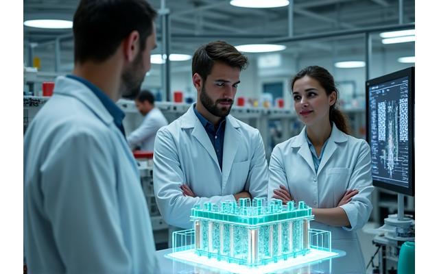 研究所で最新の地熱掘削技術の模型を研究員が議論している様子、精密機器が並ぶ