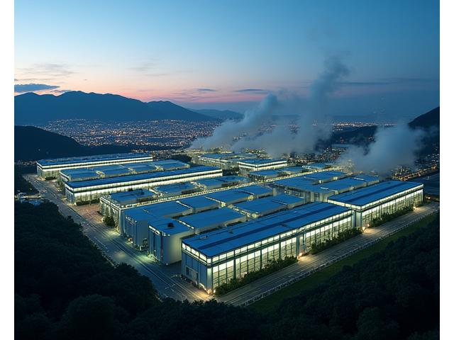 日本の大型自動車工場が夜間に稼働しており、背後に地熱発電所の煙突が見える。