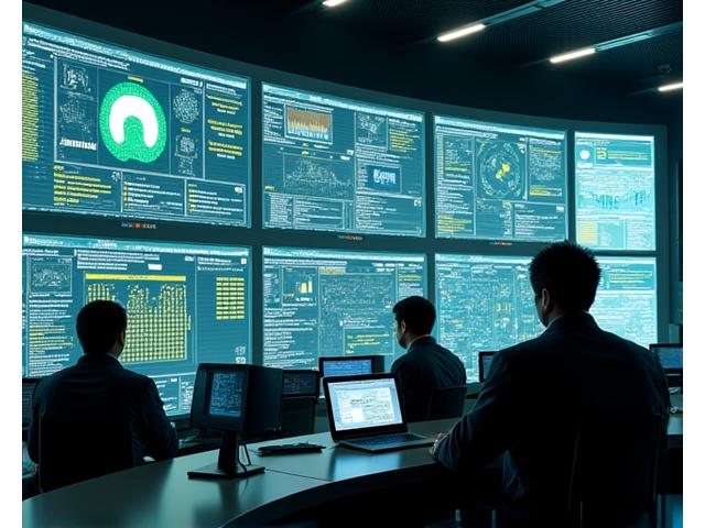 近代的な地熱発電所の監視制御室。複数の大型スクリーンにリアルタイムデータが表示され、技術者が監視している。