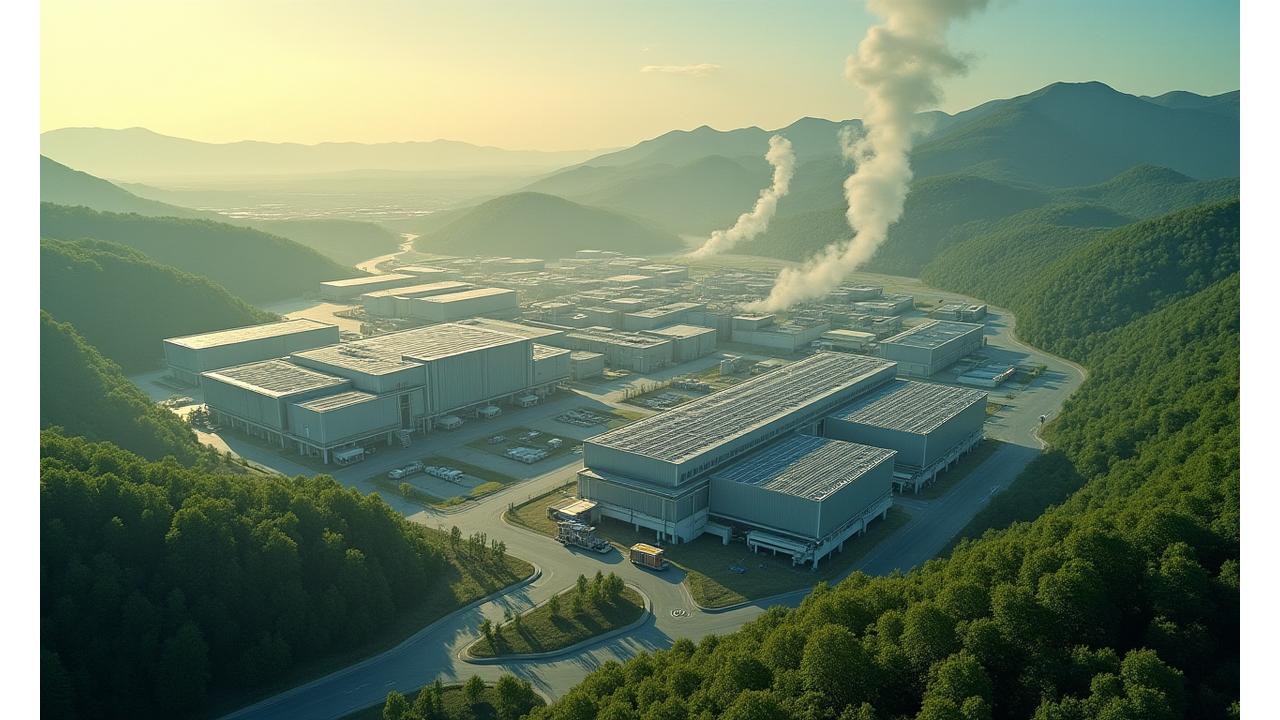 現代的な工場群と地下の地熱発電システムが統合された俯瞰図。蒸気と排熱がクリーンに処理され、持続可能なエネルギー供給を象徴している。