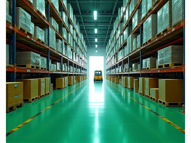 自動搬送ロボットが行き交う近代的な物流倉庫。温度管理が徹底され、地熱エネルギーの活用を示唆している。