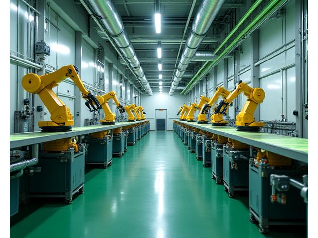 最新鋭の製造工場の生産ラインの様子。ロボットアームが精密作業を行い、エネルギー効率の高さを示唆している。