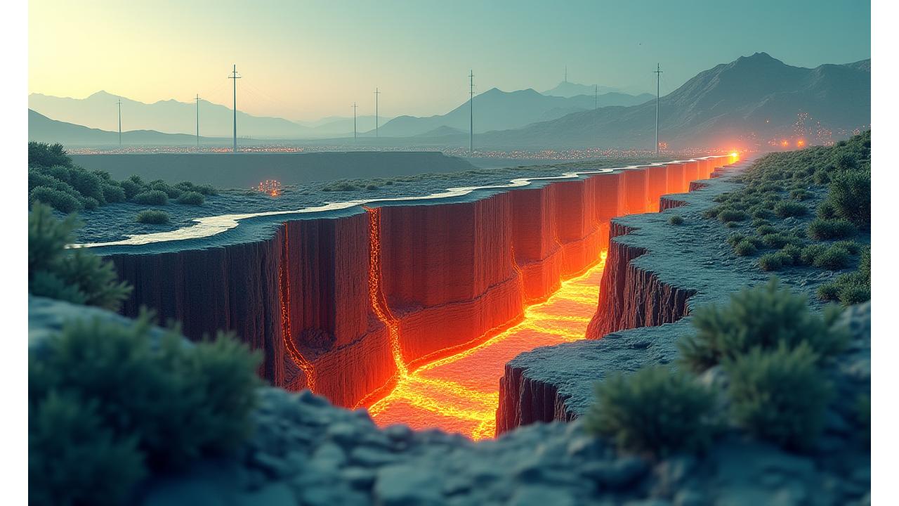 地球深部の地熱エネルギーを抽出する拡張地熱システム（EGS）の概念図。地下に広がる裂け目から熱湯と蒸気が上昇し、地上の発電所に送電される様子を描写。