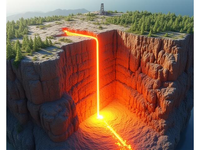 地球の断面図の中に、地表から地下深くへ正確に伸びる複数の指向性掘削井が描かれ、それぞれが地下の高温岩体に接続している様子。