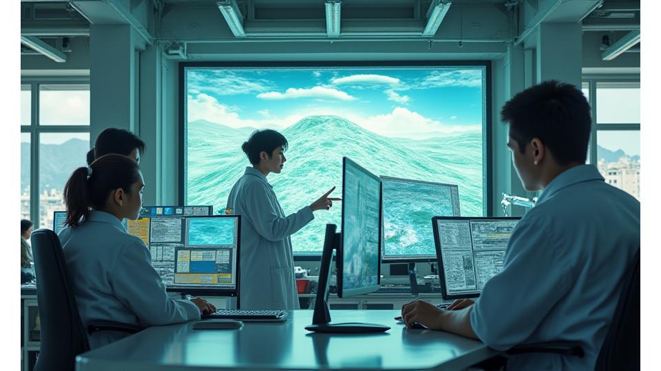 最先端の研究施設で、複数の研究者が地熱エネルギーモデルやデータを分析している様子。大型モニターには地層の3Dシミュレーションが映し出されている。