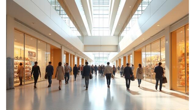 活気ある商業施設の大広間で、天井から穏やかな光が差し込み、快適な室温を保っている様子。床には地熱暖房のパネルがかすかに見える