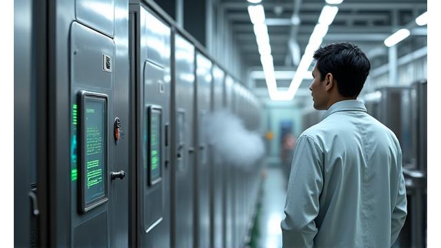 清潔な日本の製造工場で、蒸気が立ち上るステンレス製の巨大な熱交換器と、それを監視する技術者の様子