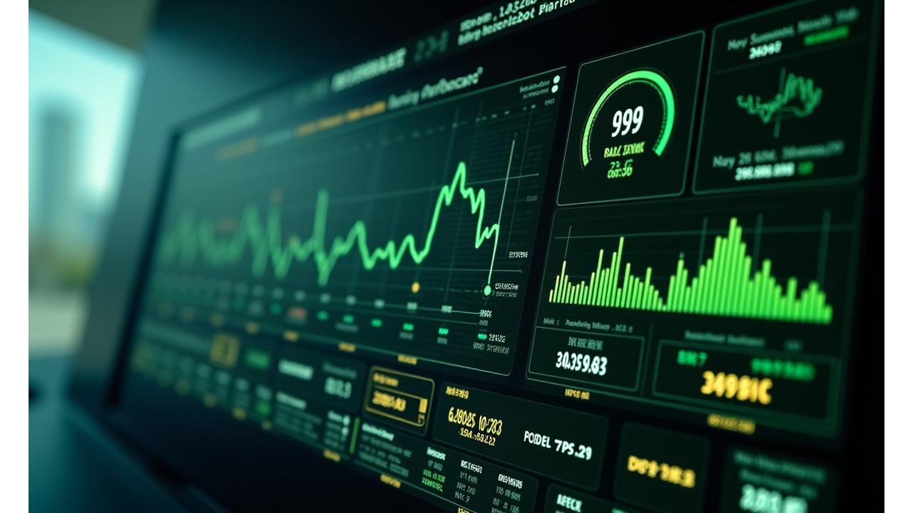 リアルタイムダッシュボードを模したグラフィック。稼働率99.9%、CO2削減量80%、平均供給温度安定度±0.5℃などの主要な地熱システムパフォーマンス指標が色鮮やかなグラフや数字で表示されている。背景には地熱発電所のイメージが薄く描かれている