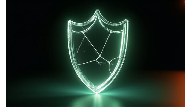 免責事項を表す亀裂の入った盾のイメージ、しかし信頼感は損なわない